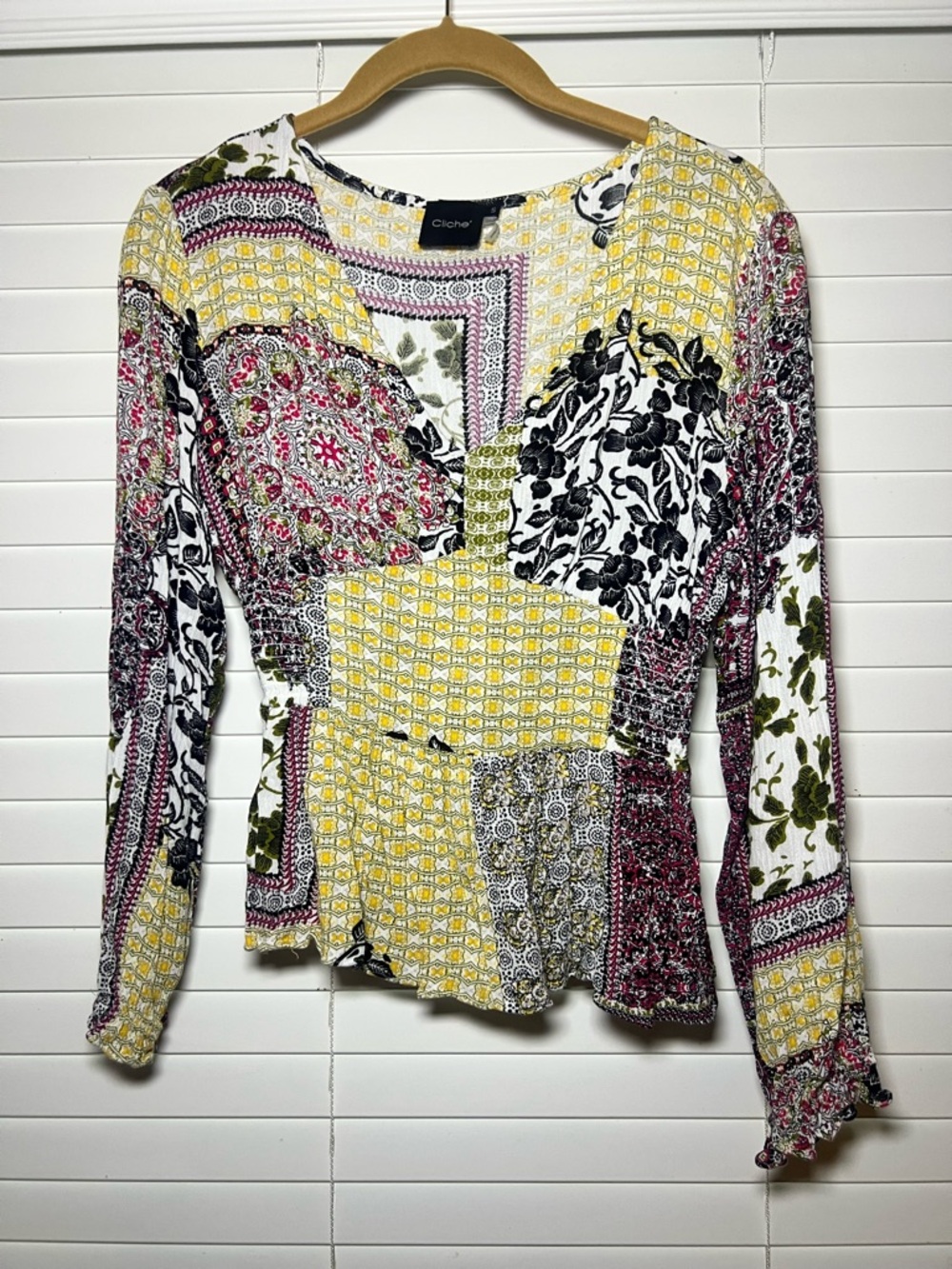 Cliche Mixed-Print Long Sleeve Peplum Top in Yellow & Multi